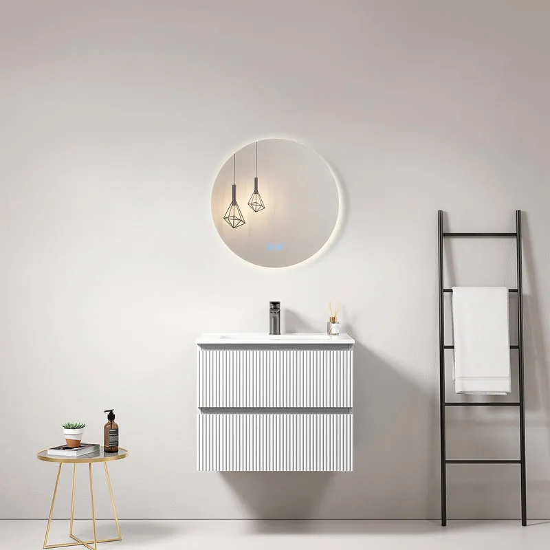 Mobile bagno sospeso cannettato 60 cm Bianco Lavabo in Ceramica Specchio Tondo Retroilluminato - Fiji Paint