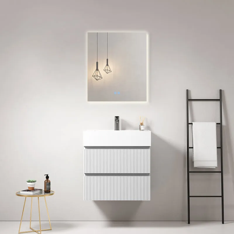 Mobile bagno sospeso cannettato 60 cm Bianco Lavabo in Resina Specchio Quadro Retroilluminato - Fiji Paint