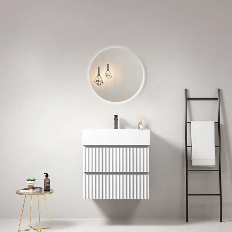 Mobile bagno sospeso cannettato 60 cm Bianco Lavabo in Resina Specchio Tondo Retroilluminato - Fiji Paint