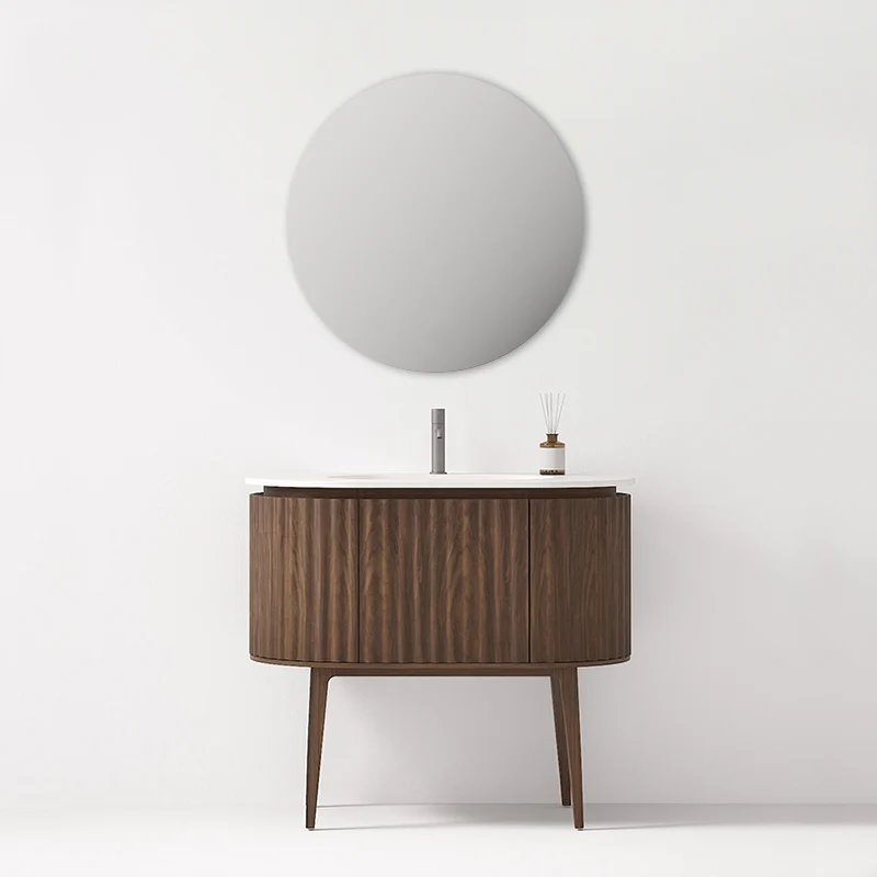 Mobile Bagno 100 cm A Terra Rovere Scuro Specchio Tondo - Reid