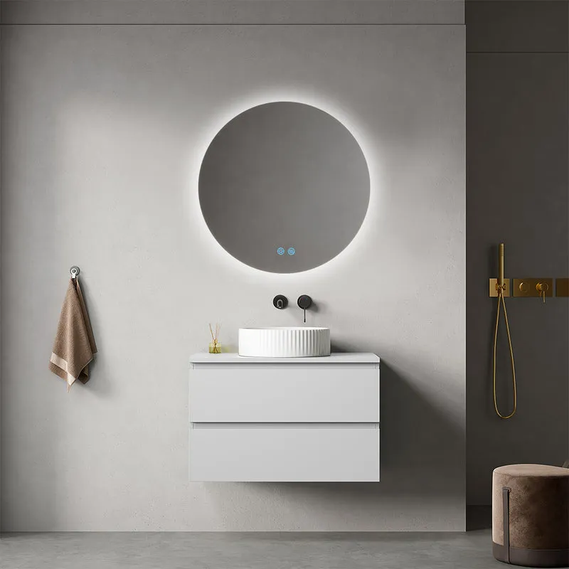 Mobile bagno sospeso 80 cm Bianco Opaco per Lavabo d'appoggio Specchio Tondo Retroilluminato - Fiji Paint Top