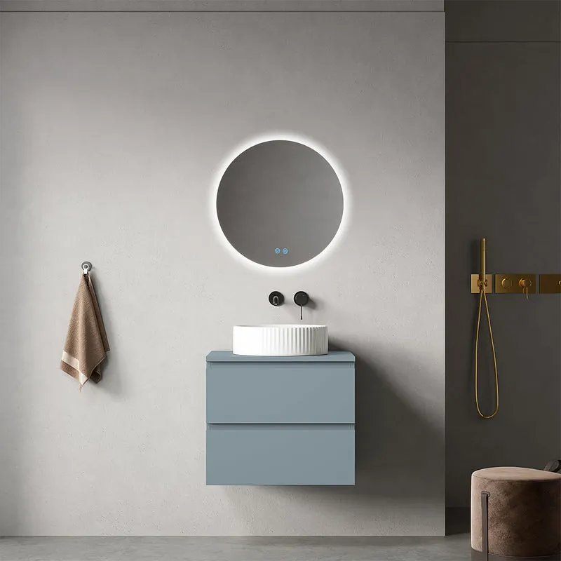 Mobile bagno sospeso 60 cm Blu Avio per Lavabo d'appoggio Specchio Tondo Retroilluminato - Fiji Paint Top