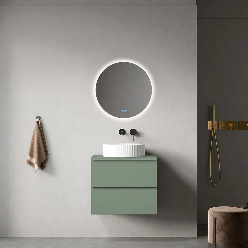 Mobile bagno sospeso 60 cm Verde Salvia per Lavabo d'appoggio Specchio Tondo Retroilluminato - Fiji Paint Top