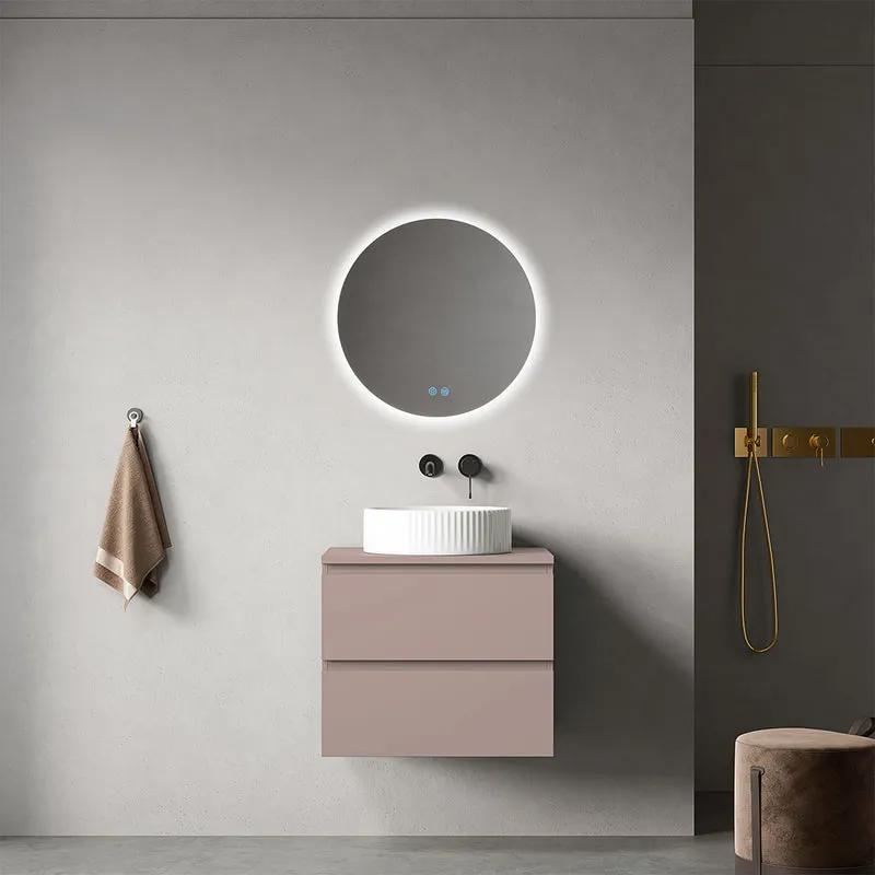 Mobile bagno sospeso 60 cm Rosa Retrò per Lavabo d'appoggio Specchio Tondo Retroilluminato - Fiji Paint Top