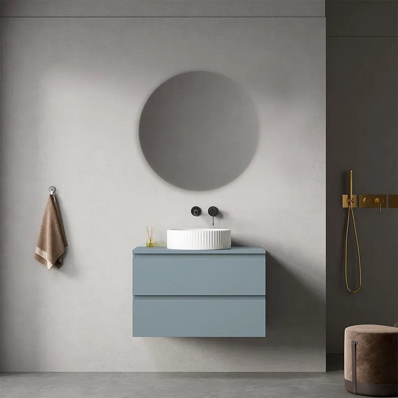 Mobile bagno sospeso 80 cm Blu Avio per Lavabo d'appoggio Specchio Tondo - Fiji Paint Top