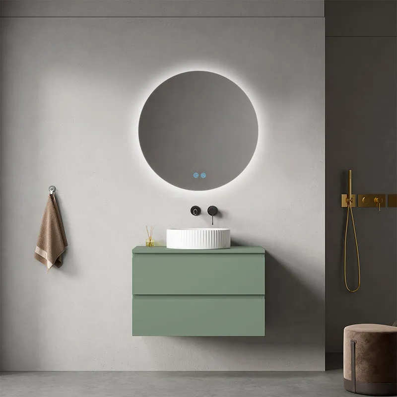 Mobile bagno sospeso 80 cm Verde Salvia per Lavabo d'appoggio Specchio Tondo Retroilluminato - Fiji Paint Top