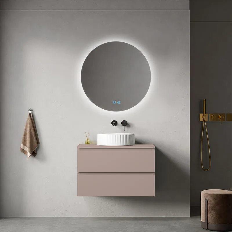 Mobile bagno sospeso 80 cm Rosa Retrò per Lavabo d'appoggio Specchio Tondo Retroilluminato - Fiji Paint Top
