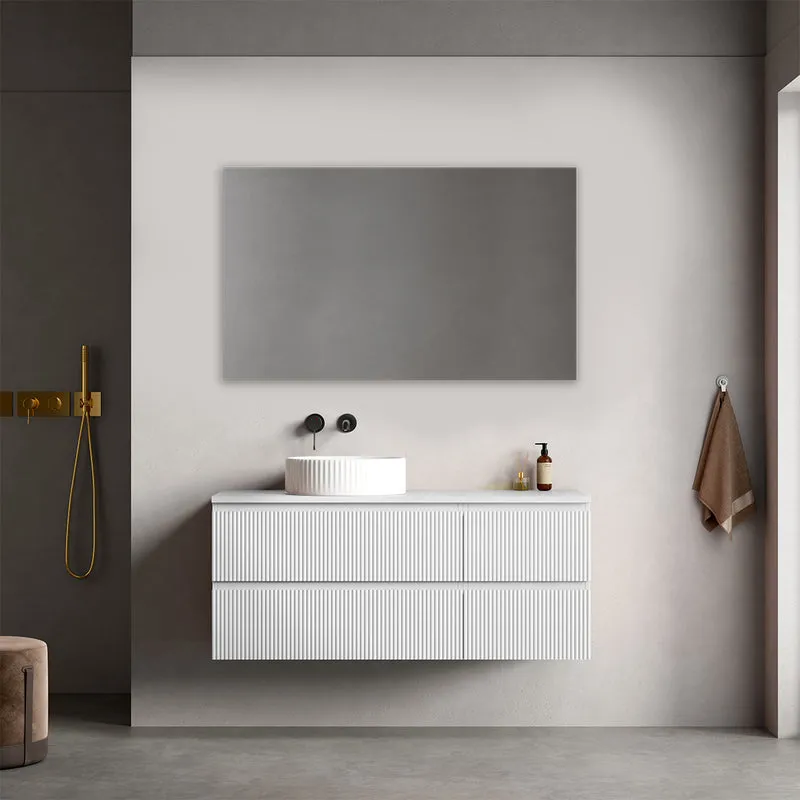 Mobile bagno sospeso cannettato reversibile 120 cm Bianco Opaco per Lavabo d'appoggio Specchio Quadro - Fiji Paint Top Canneté