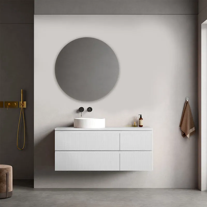 Mobile bagno sospeso cannettato reversibile 120 cm Bianco Opaco per Lavabo d'appoggio Specchio Tondo - Fiji Paint Top Canneté