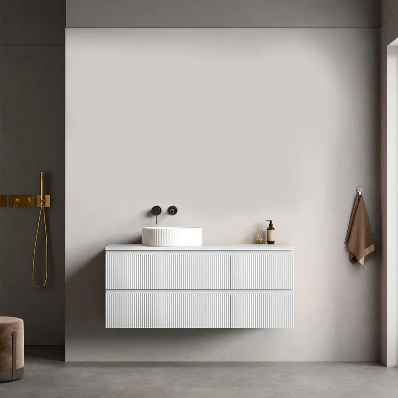 Mobile bagno sospeso cannettato reversibile 120 cm Bianco Opaco per Lavabo d'appoggio Senza Specchio - Fiji Paint Top Canneté