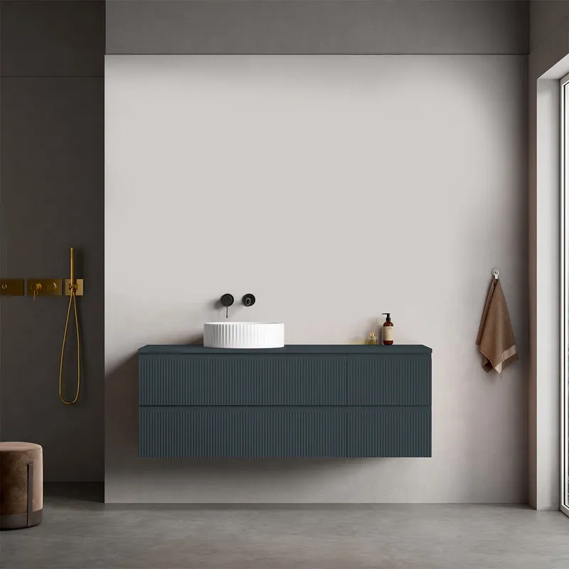 Mobile bagno sospeso cannettato reversibile 140 cm Blu Mare per Lavabo d'appoggio Senza Specchio - Fiji Paint Top Canneté