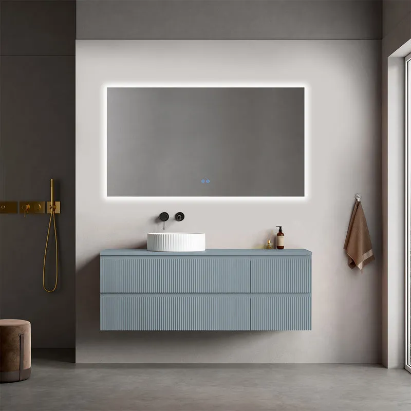 Mobile bagno sospeso cannettato reversibile 140 cm Blu Avio per Lavabo d'appoggio Specchio Quadro Retroilluminato - Fiji Paint Top Canneté