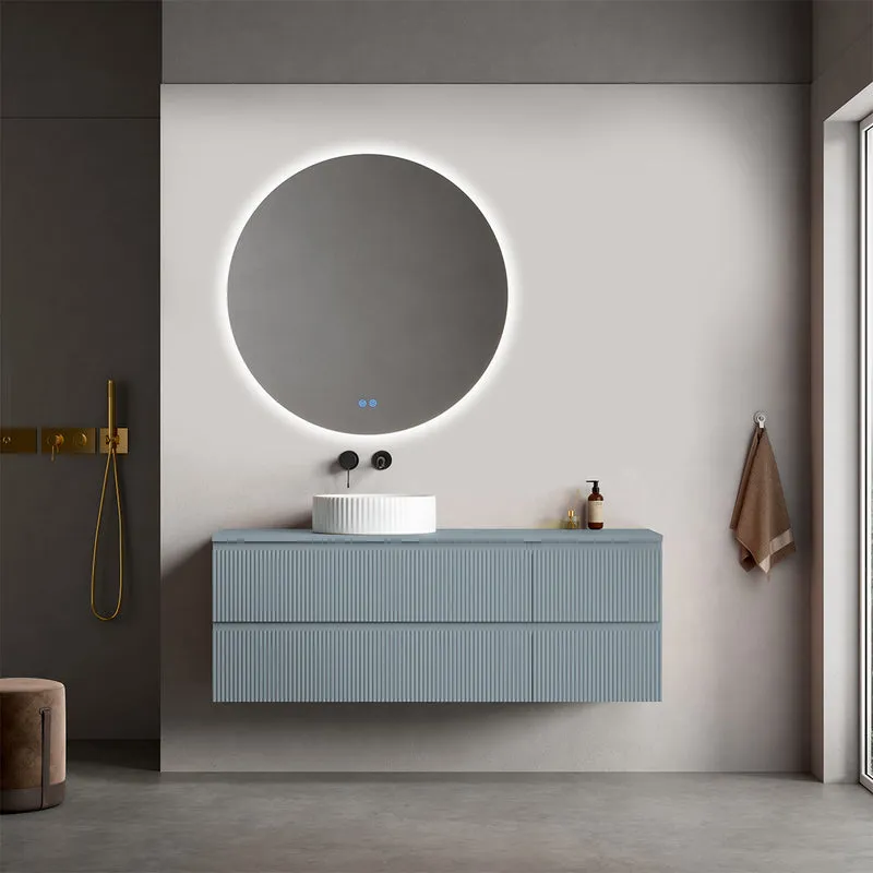 Mobile bagno sospeso cannettato reversibile 140 cm Blu Avio per Lavabo d'appoggio Specchio Tondo Retroilluminato - Fiji Paint Top Canneté