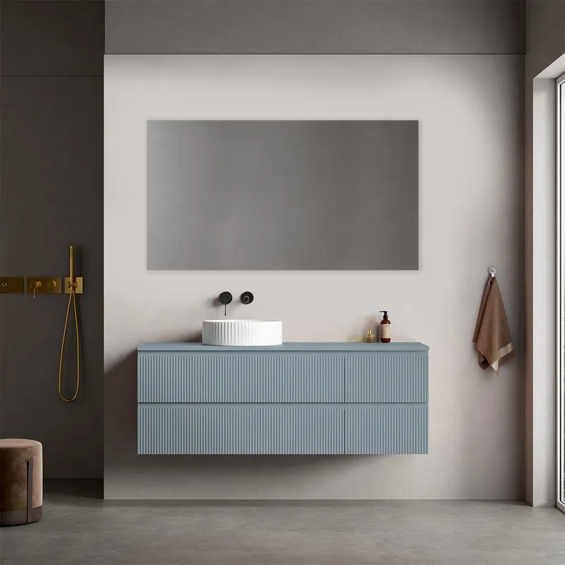 Mobile bagno sospeso cannettato reversibile 140 cm Blu Avio per Lavabo d'appoggio Specchio Quadro - Fiji Paint Top Canneté