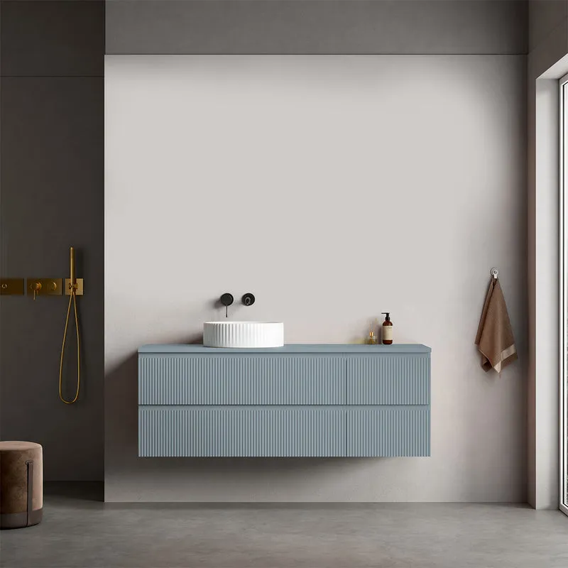 Mobile bagno sospeso cannettato reversibile 140 cm Blu Avio per Lavabo d'appoggio Senza Specchio - Fiji Paint Top Canneté