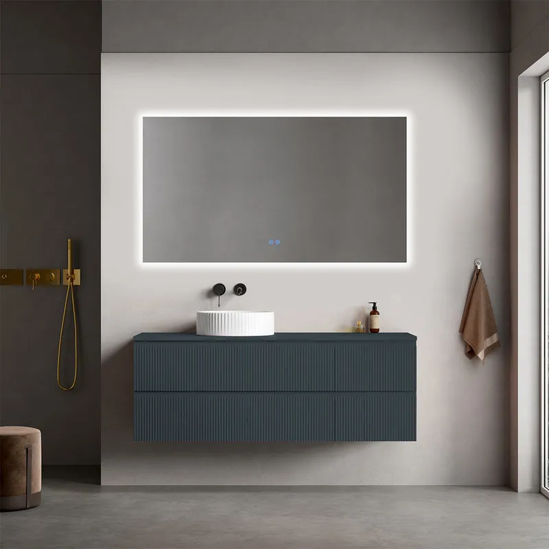 Mobile bagno sospeso cannettato reversibile 140 cm Blu Mare per Lavabo d'appoggio Specchio Quadro Retroilluminato - Fiji Paint Top Canneté