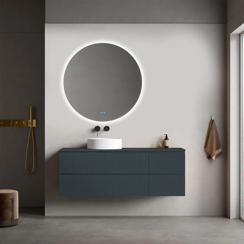 Mobile bagno sospeso cannettato reversibile 140 cm Blu Mare per Lavabo d'appoggio Specchio Tondo Retroilluminato - Fiji Paint Top Canneté