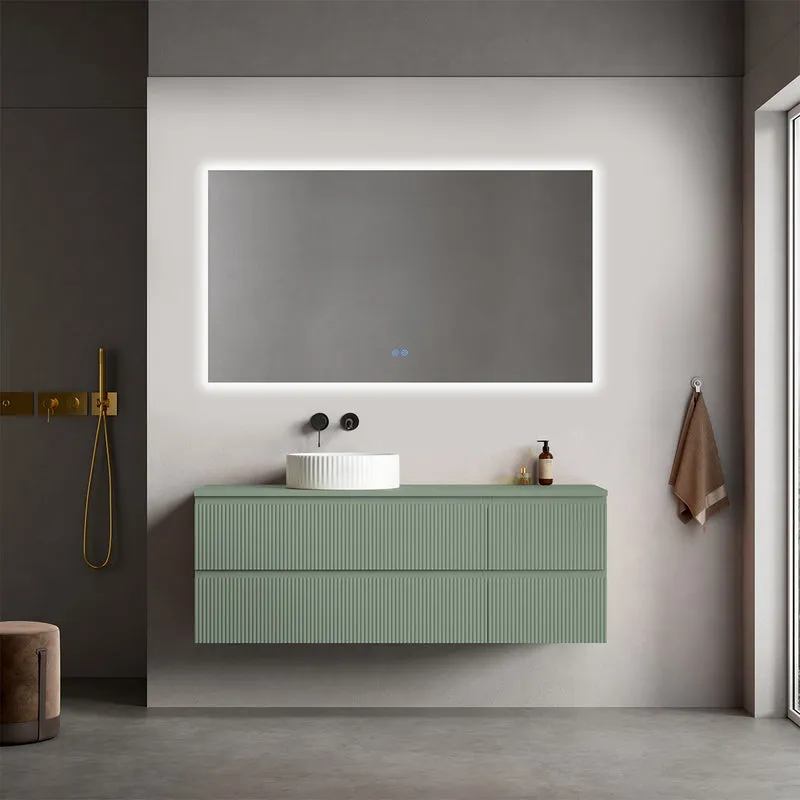 Mobile bagno sospeso cannettato reversibile 140 cm Verde Salvia per Lavabo d'appoggio Specchio Quadro Retroilluminato - Fiji Paint Top Canneté