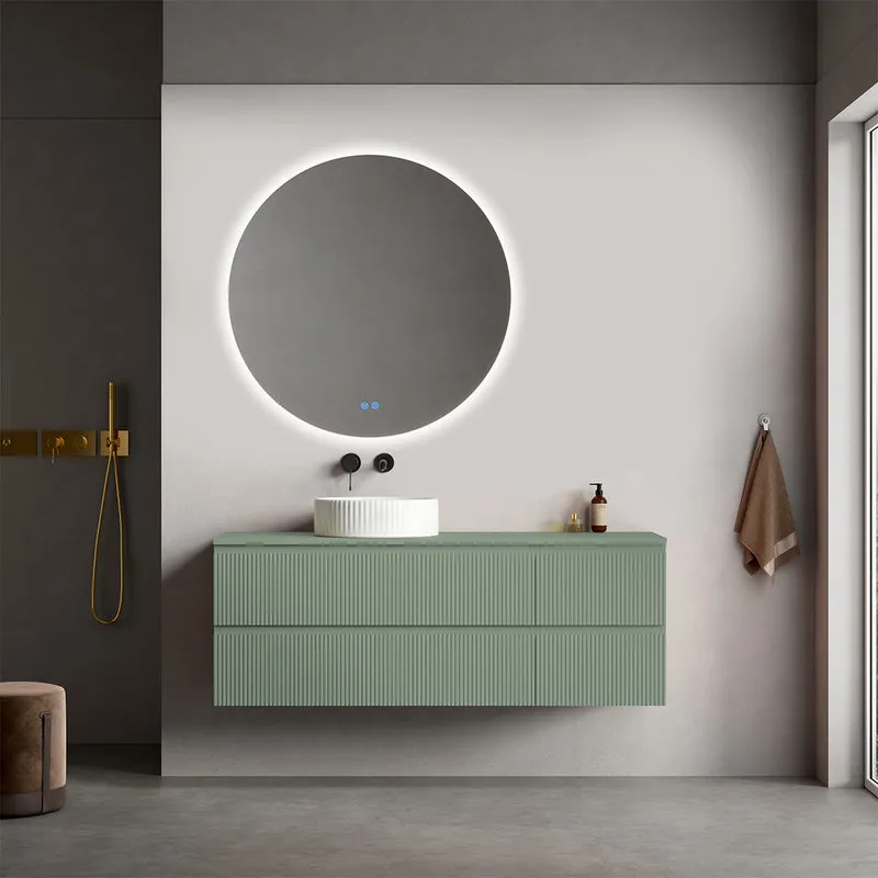 Mobile bagno sospeso cannettato reversibile 140 cm Verde Salvia per Lavabo d'appoggio Specchio Tondo Retroilluminato - Fiji Paint Top Canneté