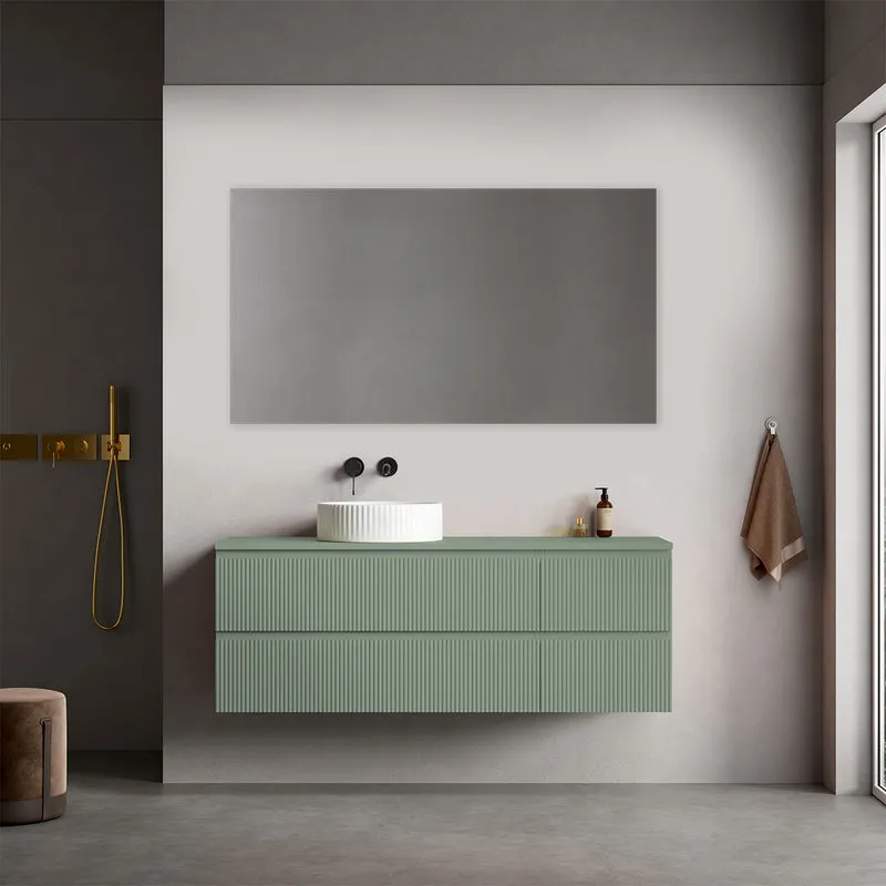Mobile bagno sospeso cannettato reversibile 140 cm Verde Salvia per Lavabo d'appoggio Specchio Quadro - Fiji Paint Top Canneté