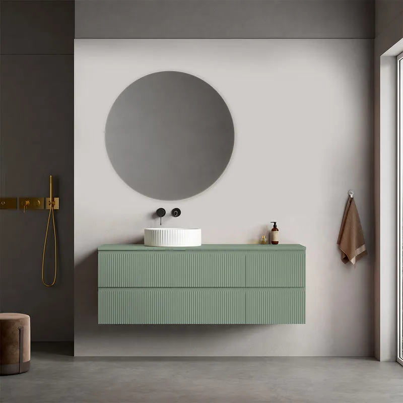 Mobile bagno sospeso cannettato reversibile 140 cm Verde Salvia per Lavabo d'appoggio Specchio Tondo - Fiji Paint Top Canneté