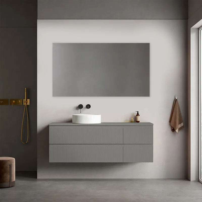 Mobile bagno sospeso cannettato reversibile 140 cm Grigio Londra per Lavabo d'appoggio Specchio Quadro - Fiji Paint Top Canneté