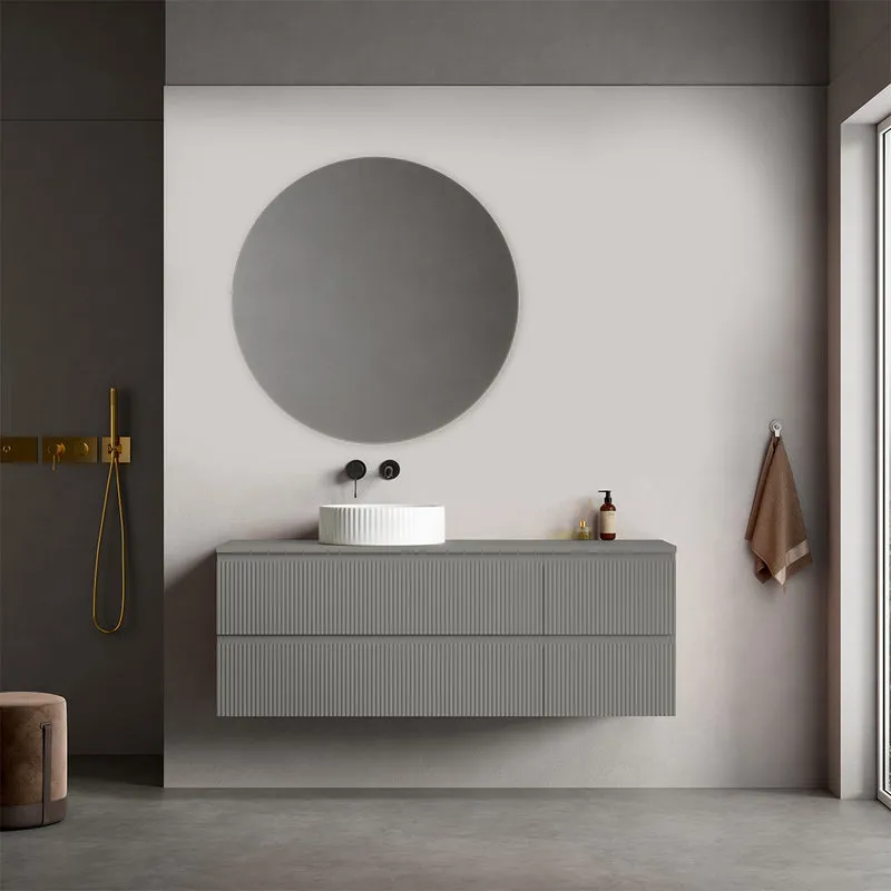 Mobile bagno sospeso cannettato reversibile 140 cm Grigio Londra per Lavabo d'appoggio Specchio Tondo - Fiji Paint Top Canneté