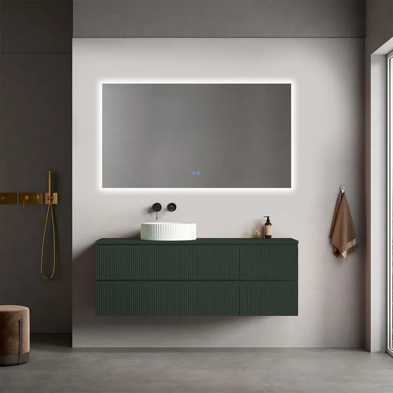 Mobile bagno sospeso cannettato reversibile 140 cm Verde Comodoro per Lavabo d'appoggio Specchio Quadro Retroilluminato - Fiji Paint Top Canneté