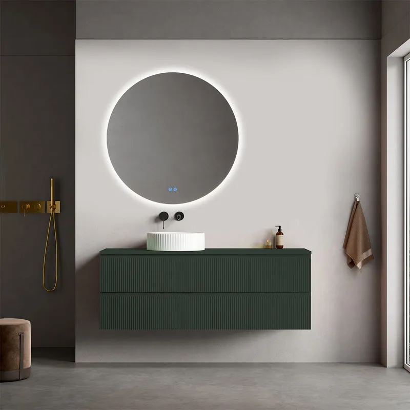 Mobile bagno sospeso cannettato reversibile 140 cm Verde Comodoro per Lavabo d'appoggio Specchio Tondo Retroilluminato - Fiji Paint Top Canneté