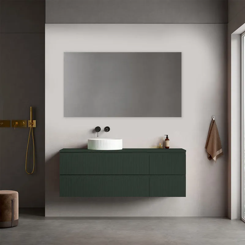 Mobile bagno sospeso cannettato reversibile 140 cm Verde Comodoro per Lavabo d'appoggio Specchio Quadro - Fiji Paint Top Canneté