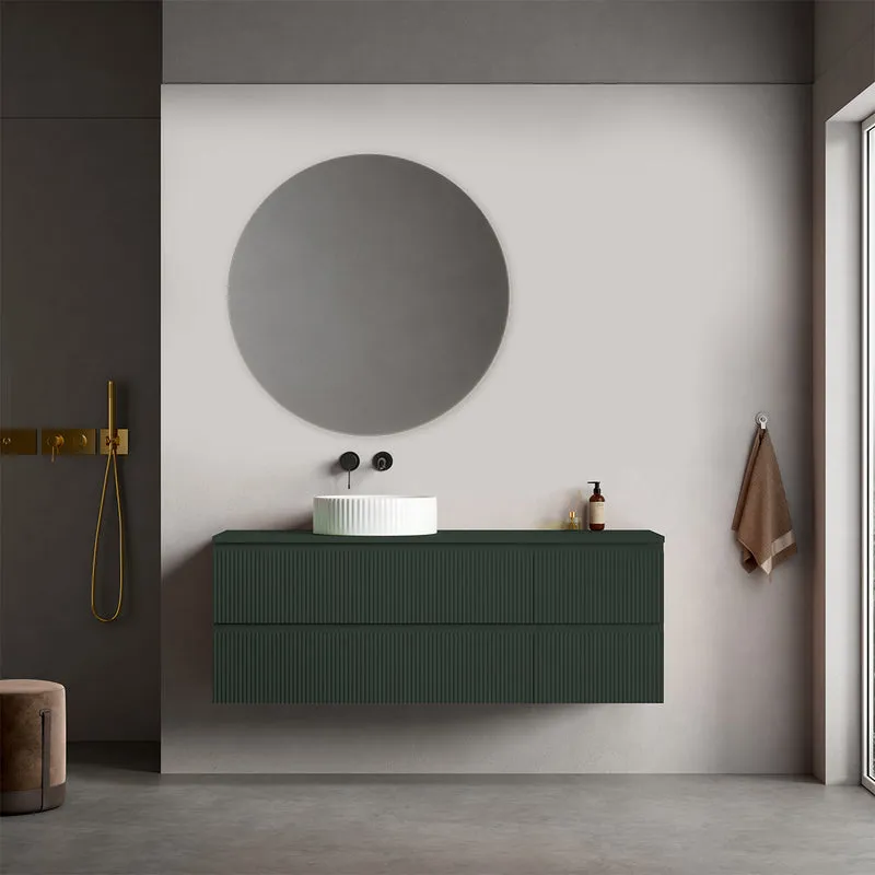 Mobile bagno sospeso cannettato reversibile 140 cm Verde Comodoro per Lavabo d'appoggio Specchio Tondo - Fiji Paint Top Canneté