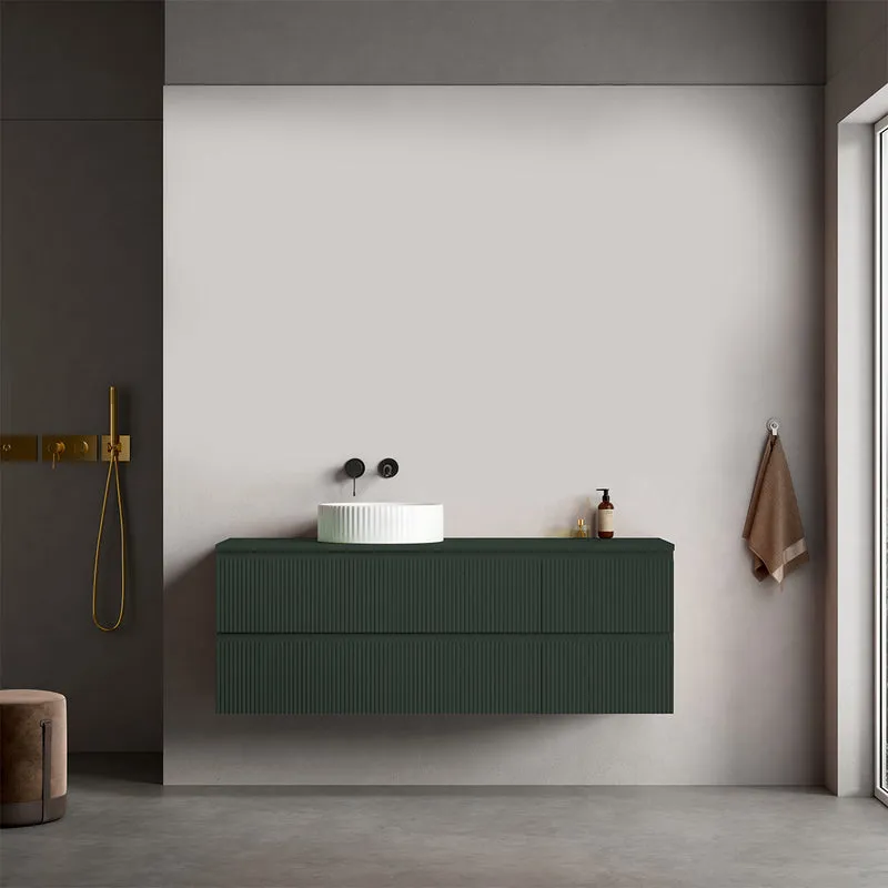Mobile bagno sospeso cannettato reversibile 140 cm Verde Comodoro per Lavabo d'appoggio Senza Specchio - Fiji Paint Top Canneté