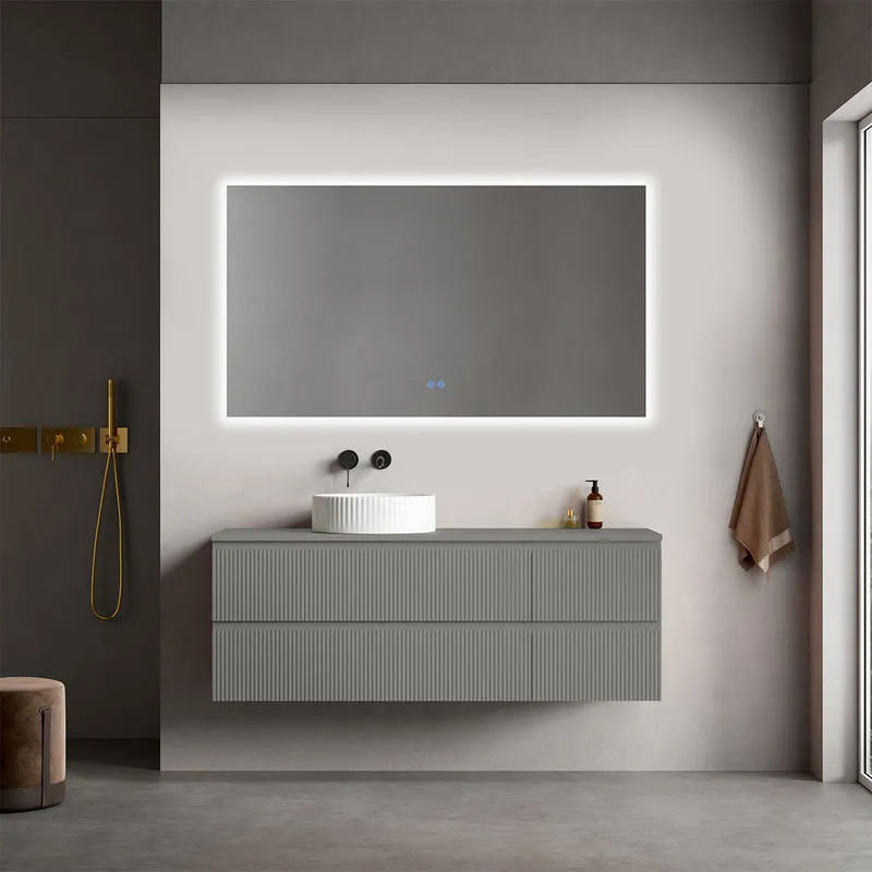 Mobile bagno sospeso cannettato reversibile 140 cm Grigio Londra per Lavabo d'appoggio Specchio Quadro Retroilluminato - Fiji Paint Top Canneté