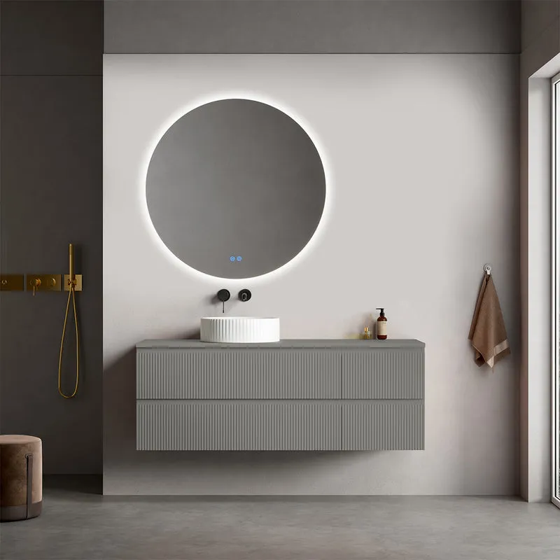 Mobile bagno sospeso cannettato reversibile 140 cm Grigio Londra per Lavabo d'appoggio Specchio Tondo Retroilluminato - Fiji Paint Top Canneté