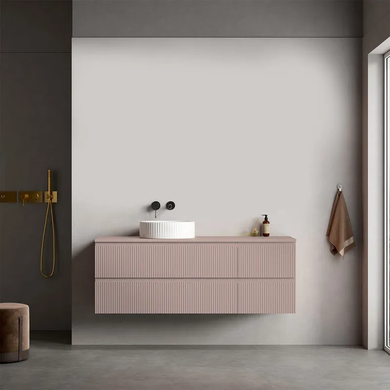 Mobile bagno sospeso cannettato reversibile 140 cm Rosa Retrò per Lavabo d'appoggio Senza Specchio - Fiji Paint Top Canneté