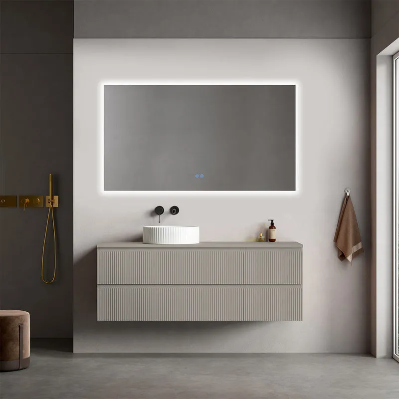 Mobile bagno sospeso cannettato reversibile 140 cm Grigio Cenere per Lavabo d'appoggio Specchio Quadro Retroilluminato - Fiji Paint Top Canneté