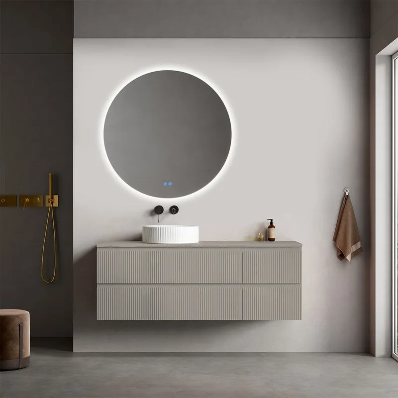 Mobile bagno sospeso cannettato reversibile 140 cm Grigio Cenere per Lavabo d'appoggio Specchio Tondo Retroilluminato - Fiji Paint Top Canneté