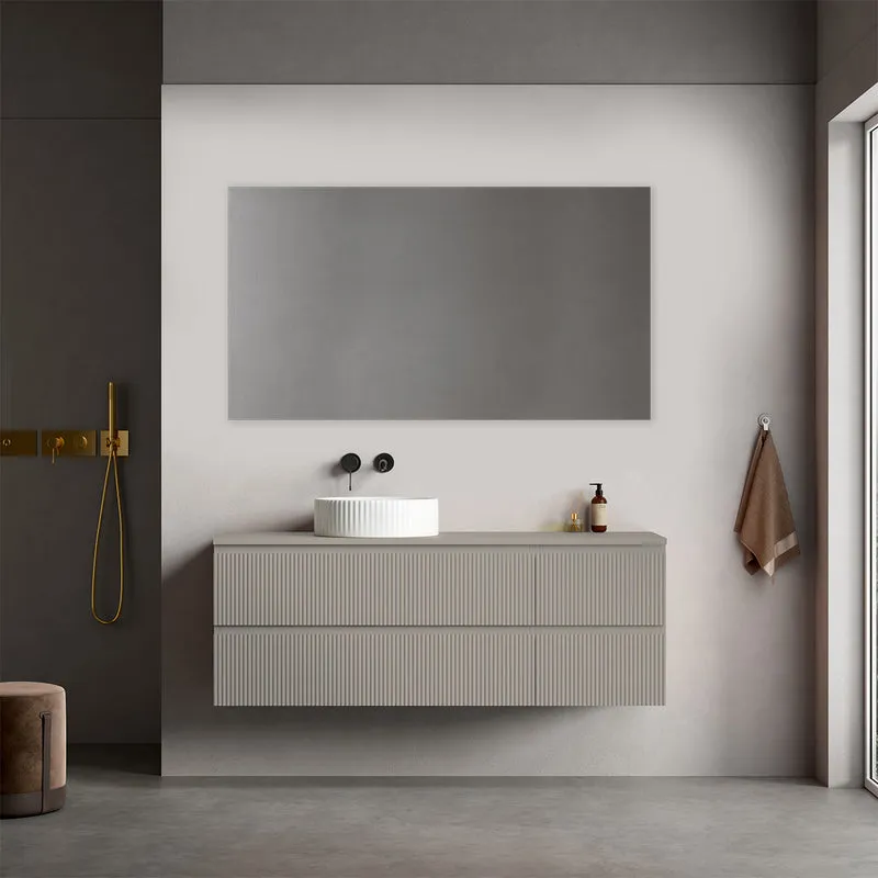 Mobile bagno sospeso cannettato reversibile 140 cm Grigio Cenere per Lavabo d'appoggio Specchio Quadro - Fiji Paint Top Canneté