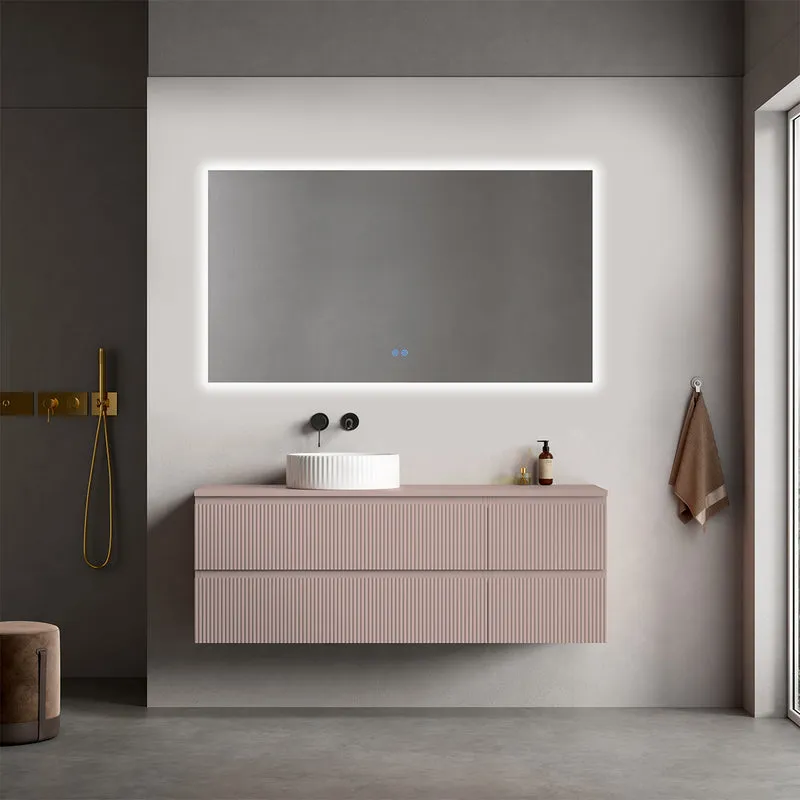 Mobile bagno sospeso cannettato reversibile 140 cm Rosa Retrò per Lavabo d'appoggio Specchio Quadro Retroilluminato - Fiji Paint Top Canneté