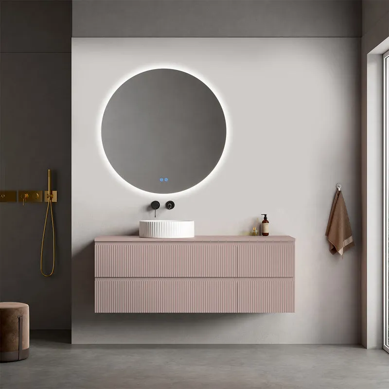Mobile bagno sospeso cannettato reversibile 140 cm Rosa Retrò per Lavabo d'appoggio Specchio Tondo Retroilluminato - Fiji Paint Top Canneté
