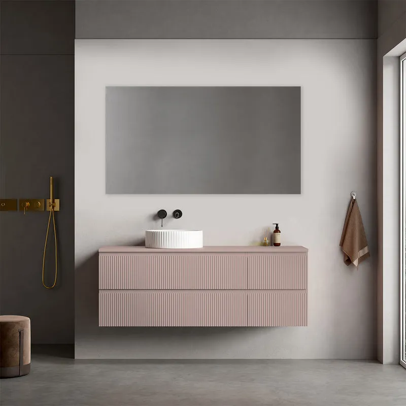 Mobile bagno sospeso cannettato reversibile 140 cm Rosa Retrò per Lavabo d'appoggio Specchio Quadro - Fiji Paint Top Canneté