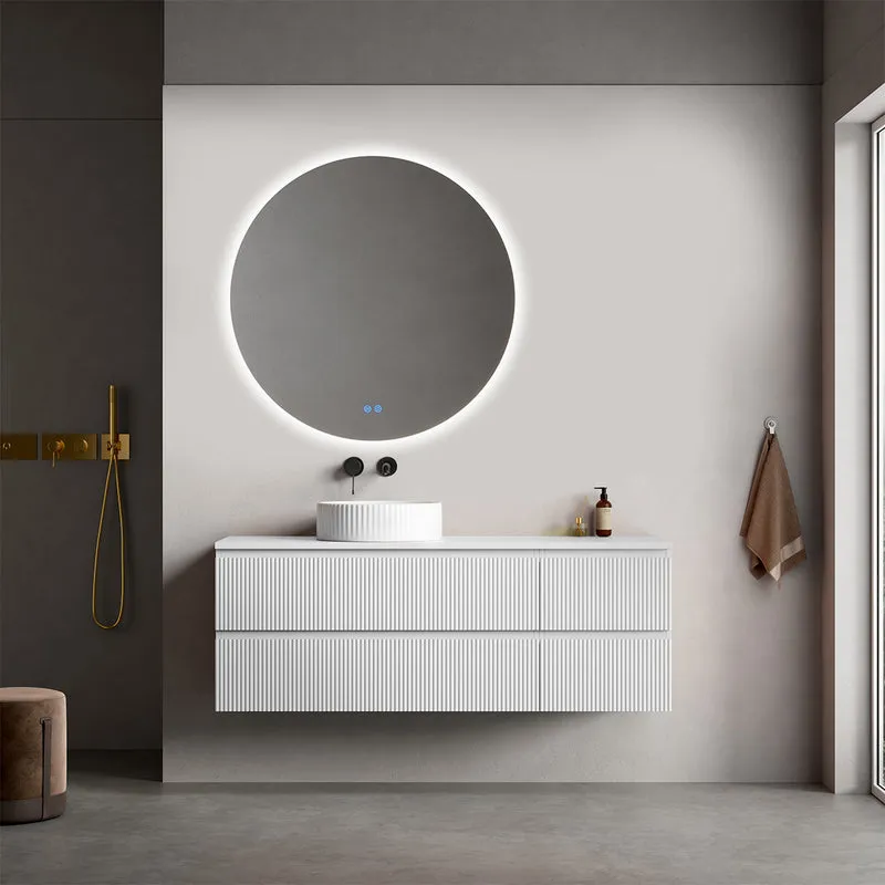 Mobile bagno sospeso cannettato reversibile 140 cm Bianco Opaco per Lavabo d'appoggio Specchio Tondo Retroilluminato - Fiji Paint Top Canneté