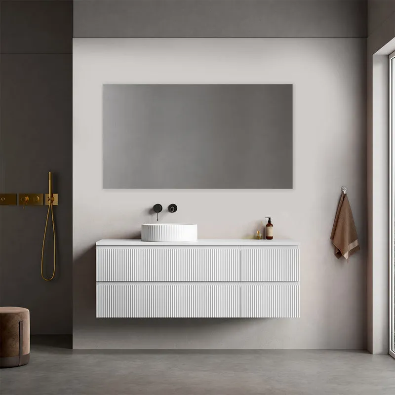 Mobile bagno sospeso cannettato reversibile 140 cm Bianco Opaco per Lavabo d'appoggio Specchio Quadro - Fiji Paint Top Canneté