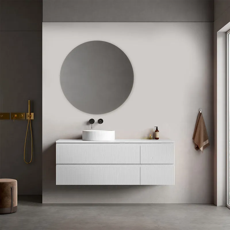 Mobile bagno sospeso cannettato reversibile 140 cm Bianco Opaco per Lavabo d'appoggio Specchio Tondo - Fiji Paint Top Canneté