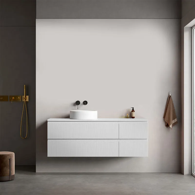 Mobile bagno sospeso cannettato reversibile 140 cm Bianco Opaco per Lavabo d'appoggio Senza Specchio - Fiji Paint Top Canneté