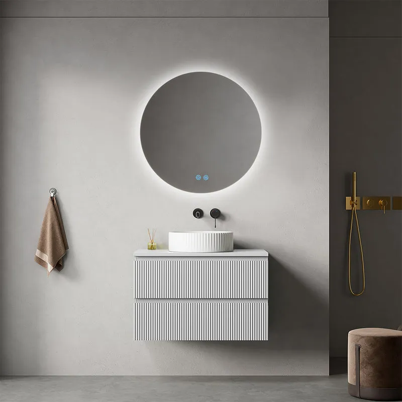 Mobile bagno sospeso cannettato 80 cm Bianco Opaco per Lavabo d'appoggio Specchio Tondo Retroilluminato - Fiji Paint Top Canneté