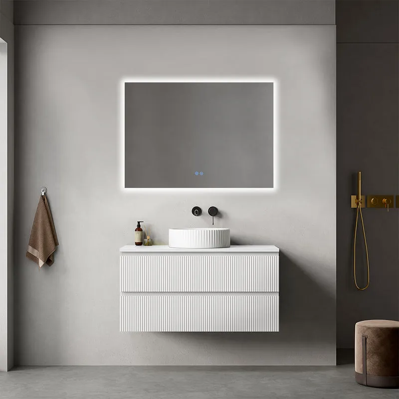 Mobile bagno sospeso cannettato 100 cm Bianco Opaco per Lavabo d'appoggio Specchio Quadro Retroilluminato - Fiji Paint Top Canneté