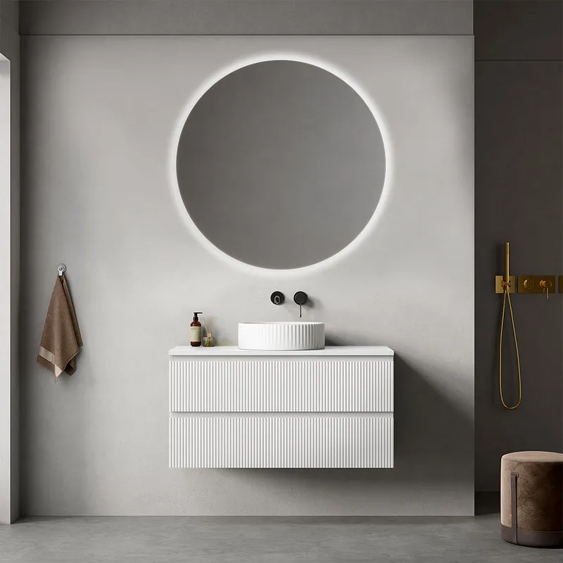 Mobile bagno sospeso cannettato 100 cm Bianco Opaco per Lavabo d'appoggio Specchio Tondo Retroilluminato - Fiji Paint Top Canneté