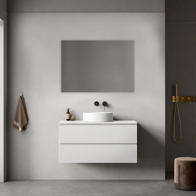 Mobile bagno sospeso cannettato 100 cm Bianco Opaco per Lavabo d'appoggio Specchio Quadro - Fiji Paint Top Canneté