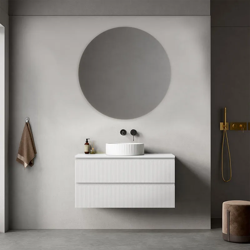 Mobile bagno sospeso cannettato 100 cm Bianco Opaco per Lavabo d'appoggio Specchio Tondo - Fiji Paint Top Canneté